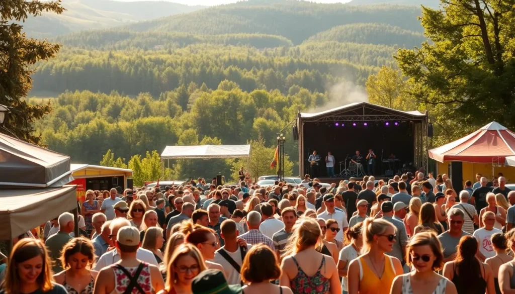 A bustling summer festival in Druskininkai, Lithuania. In the foreground, a lively crowd gathers around food stalls, their vibrant clothing and joyful expressions capturing the energy of the event. In the middle ground, a band performs on a stage, their music filling the air. In the background, the verdant forests and rolling hills of the resort town provide a picturesque natural backdrop. Warm sunlight filters through, illuminating the scene with a golden glow and creating a sense of warmth and celebration. The overall atmosphere is one of community, culture, and the joy of the summer season.