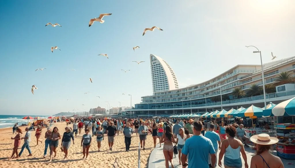 A bustling tourist season at La Pedrera, Uruguay. In the foreground, a crowd of sun-kissed beachgoers strolls along the boardwalk, enjoying the warm sand and azure waters of the Atlantic. In the middle ground, colorful umbrellas and beach vendors dot the scene, creating a lively atmosphere. In the background, the iconic curved facade of La Pedrera's distinctive architecture stands tall, bathed in the golden glow of the afternoon sun. Seagulls soar overhead, completing the quintessential coastal vibe. Captured through a wide-angle lens, the image conveys the vibrant energy and picturesque charm of La Pedrera during its peak tourist season.