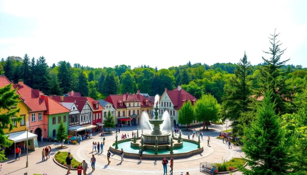 A bustling town nestled in a lush, verdant valley, Druskininkai is a picturesque oasis in the heart of Lithuania. Capture the town's charming architecture, with its quaint, colorful buildings adorned with ornate details and surrounded by towering pine trees. Showcase the town's vibrant culture, with locals strolling down the bustling streets, browsing the local markets, and enjoying the warm sunshine. Depict the town's main square, a hub of activity, with a grand, historical fountain at its center. Utilize a wide-angle lens to capture the scene in its entirety, showcasing the town's serene, peaceful atmosphere and the surrounding natural beauty. Employ soft, diffused lighting to create a warm, inviting ambiance, enhancing the town's tranquil, relaxing vibe.
