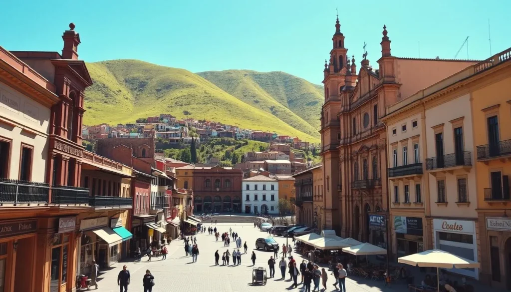 A bustling town square in Huancayo, Peru, surrounded by historical buildings. In the foreground, a grand colonial-style cathedral with intricate architecture stands tall, its towering spires reaching towards the clear blue sky. In the middle ground, various shops and cafes line the cobblestone streets, their colorful facades adding to the vibrant atmosphere. In the background, a rolling green hillside provides a picturesque backdrop, dotted with traditional adobe homes. The scene is bathed in warm, golden sunlight, creating a welcoming and inviting ambiance. A perfect snapshot of the rich cultural heritage and architectural wonders that define the historical sites of Huancayo.