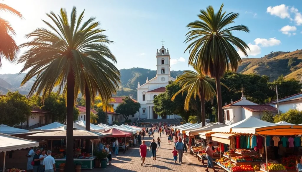 A bustling town square in Jardin, Colombia, bathed in warm sunlight. In the foreground, a vibrant farmer's market overflows with colorful produce, artisan crafts, and lively chatter. Towering palm trees sway gently in the breeze, casting playful shadows across the cobblestone paths. In the middle ground, the iconic whitewashed church with its striking red-tiled roof stands tall, its ornate bell tower reaching skyward. Surrounded by lush, rolling hills and a clear azure sky, this picturesque scene captures the enchanting charm and natural beauty of Jardin, Colombia.