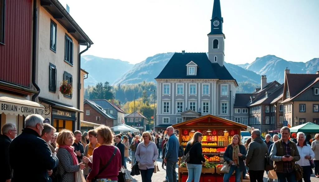 A bustling town square in Orsta, Norway, on a sunny afternoon. In the foreground, a group of locals engaged in lively conversation, their gestures animated as they discuss the day's events. The middle ground features a quaint market stall selling locally-sourced produce, its vibrant colors and textures inviting passersby to explore. In the background, the stately town hall stands tall, its traditional architecture framed by the surrounding mountains, creating a picturesque Nordic landscape. The scene is bathed in warm, golden light, conveying a sense of community and hospitality that captures the essence of Orsta's friendly culture.