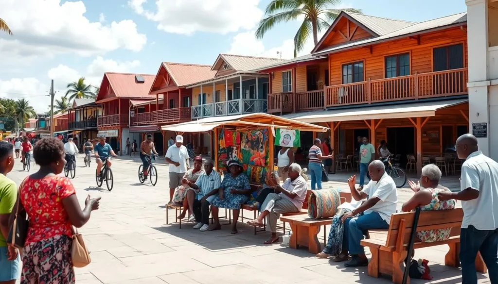 A bustling town square in Totness, Suriname, on a sunny afternoon. In the foreground, locals engage in lively conversations, gesturing animatedly as they exchange news and ideas. A group of elders sit on wooden benches, discussing community matters. In the middle ground, a small market stall offers handcrafted wares, while a colorful mural adorns the wall behind it. In the background, traditional wooden buildings line the streets, their vibrant hues reflecting the warm, tropical atmosphere. Pedestrians and cyclists weave through the scene, creating a sense of energy and connectivity. The image should convey the vibrant, community-driven nature of communication and interaction in this charming Surinamese town.