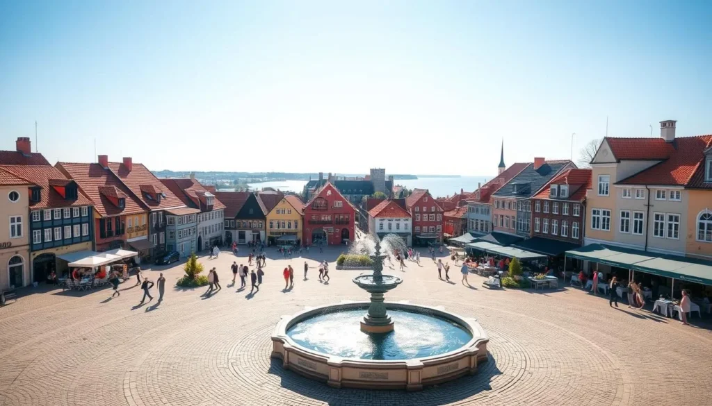 A bustling town square in Trelleborg, Sweden, on a sunny day. In the foreground, a charming fountain surrounded by cobblestone paths and people leisurely strolling. In the middle ground, historic buildings with terracotta roofs and colorful facades line the square, their intricate architecture bathed in warm sunlight. In the background, a glimpse of the Baltic Sea and the iconic Trelleborg Castle, its stone towers standing tall. The scene evokes a sense of timeless European elegance and invites the viewer to explore the practical travel tips for visiting this picturesque coastal town.