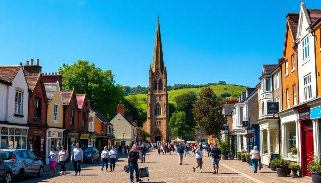 A bustling town square in the London Borough of Havering, England on a bright, sunny day. In the foreground, pedestrians stroll along the cobblestone streets, past quaint Victorian-era buildings with colorful facades. In the middle ground, a grand church spire rises against a clear blue sky, its ornate architecture bathed in warm golden light. In the background, lush green trees and rolling hills create a picturesque pastoral scene. The atmosphere is one of tranquility and civic pride, showcasing the charming character of this historic English borough.