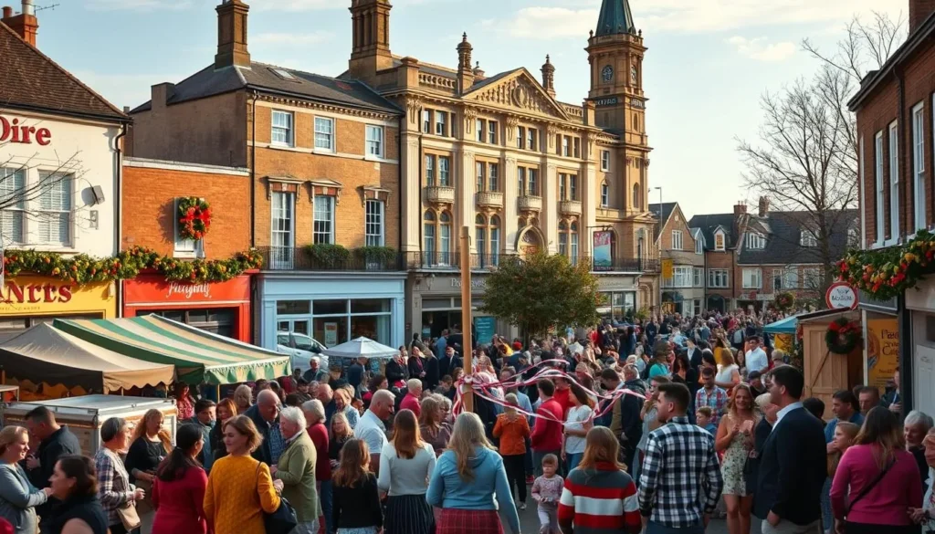 A bustling town square in the heart of Havering, London, awash in the vibrant hues of seasonal celebrations. Lively crowds gather amidst colorful market stalls, their joyful laughter mingling with the aroma of freshly baked goods. In the foreground, a traditional maypole dance unfolds, its ribbons twirling in the gentle breeze. In the middle ground, families stroll past quaint storefronts adorned with seasonal decorations, while in the background, a grand historic building stands tall, its architectural details bathed in the warm glow of the afternoon sun. The scene exudes a sense of community, tradition, and the magic of the changing seasons.