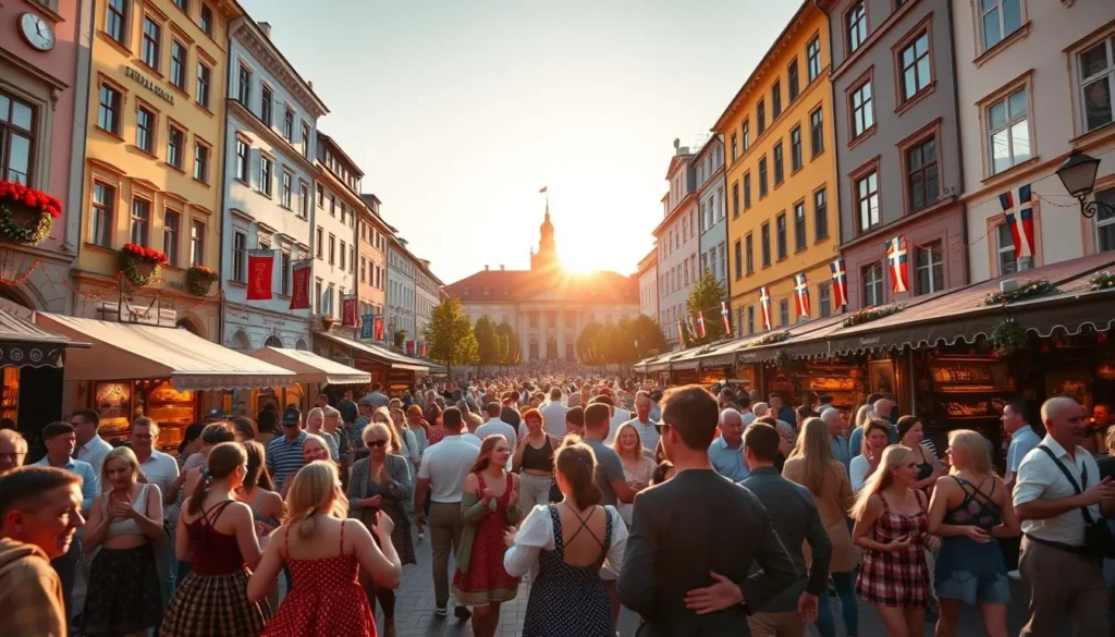 A bustling town square in the heart of Helsinki, Finland, bathed in the warm glow of the summer sun. Vibrant decorations and festive banners adorn the colorful buildings, setting the stage for a lively celebration of local traditions. In the foreground, a crowd of lively revelers dance to the upbeat rhythm of traditional Finnish folk music, their movements flowing with joyous energy. In the middle ground, artisanal food stalls and craft vendors offer a tantalizing array of regional delicacies and handmade treasures, enticing passersby. Surrounding the scene, a picturesque backdrop of historic architecture and lush greenery creates a charming, immersive atmosphere, capturing the essence of Finnish festival culture.