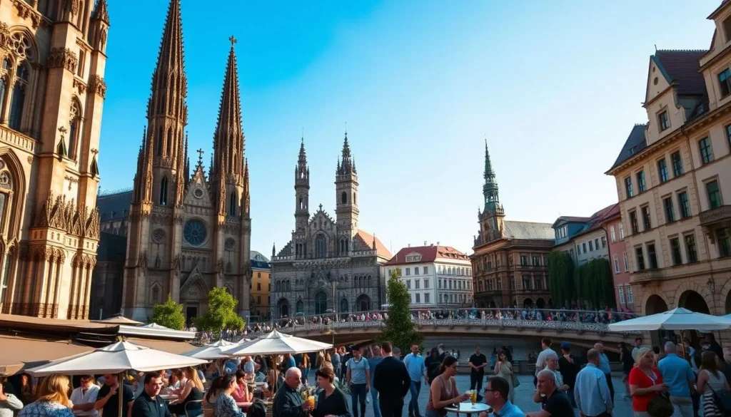 A bustling town square in the heart of Plzen, Czechia, bathed in warm afternoon sunlight. Towering gothic spires of the Cathedral of St. Bartholomew stand tall, their intricate stone carvings casting dramatic shadows. In the foreground, a lively outdoor cafe filled with locals and visitors enjoying refreshing drinks and lively conversation. The middle ground features the iconic Plzen City Hall, its Renaissance-style facade adorned with ornate statues and turrets. Behind it, the scenic Mže River winds through the city, its banks lined with historic buildings and weeping willows. The overall atmosphere exudes a captivating blend of cultural heritage and vibrant community spirit.