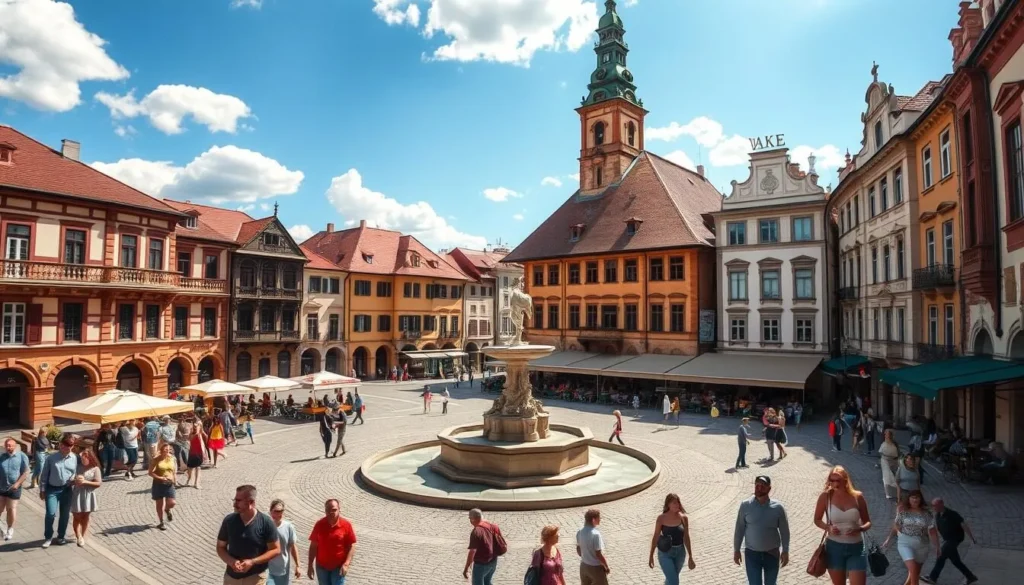 A bustling town square in the historic center of Ceska Budejovice, Czechia, on a pleasant summer day. Picturesque Renaissance and Baroque architecture lines the perimeter, with a central fountain and statue as the focal point. Sunlight streams in, casting warm shadows and illuminating the intricate details of the buildings. People stroll leisurely, enjoying the lively atmosphere and lively cafes. The scene conveys a sense of timeless charm and local culture, inviting the viewer to immerse themselves in the vibrant heart of this charming Czech town.