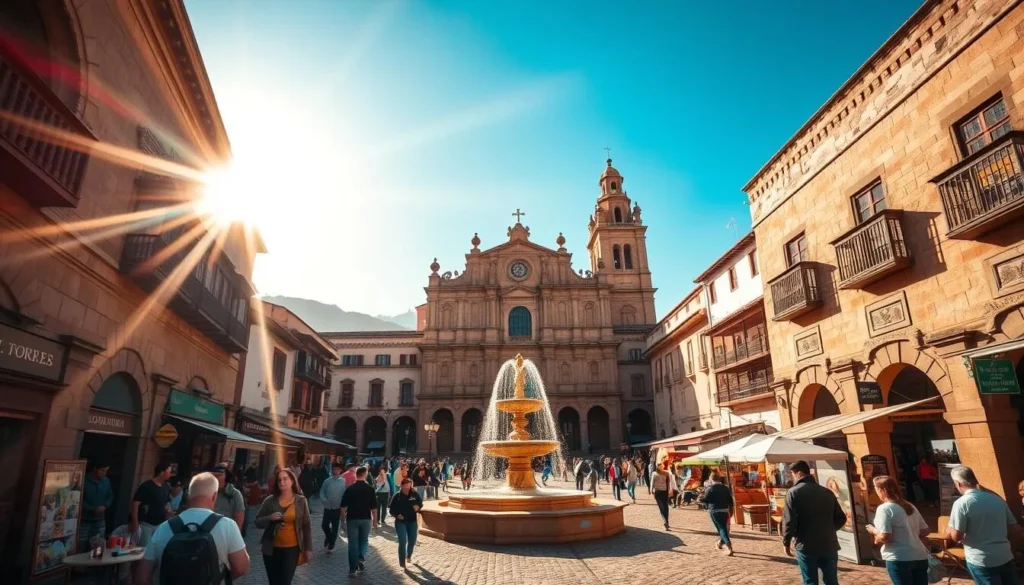 A bustling town square in the historic heart of Cusco, Peru, with the iconic Cathedral of Cusco and Inca-built stone walls framing the scene. Warm sunlight filters through the clear sky, casting a golden glow over the grand colonial architecture and cobblestone plaza. Locals and tourists mingle, exploring the vibrant shops, cafes, and street vendors surrounding the central fountain. Capture the lively atmosphere and timeless charm of this cultural epicenter, a place where the past and present seamlessly intertwine.