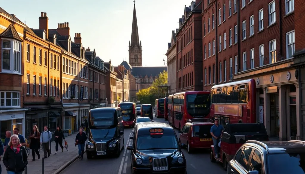 A bustling transportation hub in the heart of Bromley, England. Brick buildings with ornate facades line the streets, their windows gleaming in the warm afternoon sunlight. Pedestrians stroll along the sidewalks, mingling with a steady flow of double-decker buses, black cabs, and the occasional cyclist. In the distance, the steeple of a historic church rises above the rooftops, casting a gentle shadow over the scene. The air is crisp and clear, infusing the atmosphere with a sense of tranquility and charm. This is Bromley's transport center, a vibrant and well-connected gateway to the borough's hidden gems.