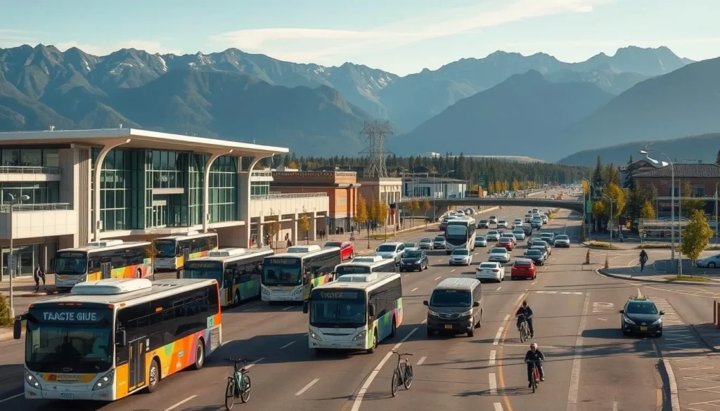 A bustling transportation hub in the heart of Fort St. John, British Columbia. A modern bus terminal with sleek glass facades and architectural accents stands prominently, surrounded by a well-organized network of roads and bike lanes. In the foreground, a fleet of local buses and shuttles are in motion, transporting residents and visitors with efficiency. The middle ground features a mix of private vehicles, taxis, and electric scooters navigating the streets, while the background showcases the stunning natural scenery of the Peace River region, with towering mountains and lush greenery providing a picturesque backdrop. The scene is bathed in warm, natural lighting, creating a welcoming and vibrant atmosphere for those getting around Fort St. John.