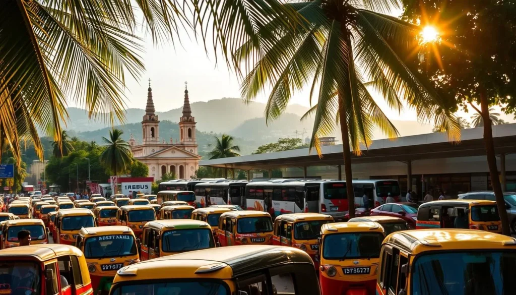 A bustling transportation hub in the heart of Kottayam, Kerala. In the foreground, a colorful array of autorickshaws and taxis line the bustling streets, their drivers awaiting passengers. In the middle ground, a modern bus station with sleek, air-conditioned buses departs for nearby towns and cities. In the background, the towering spires of historic churches and the lush, verdant hills that surround the city create a picturesque backdrop. Warm sunlight filters through the leaves of swaying palm trees, casting a soft, golden glow over the scene. The overall atmosphere is one of vibrant activity and connectivity, capturing the essence of Kottayam's transportation network.