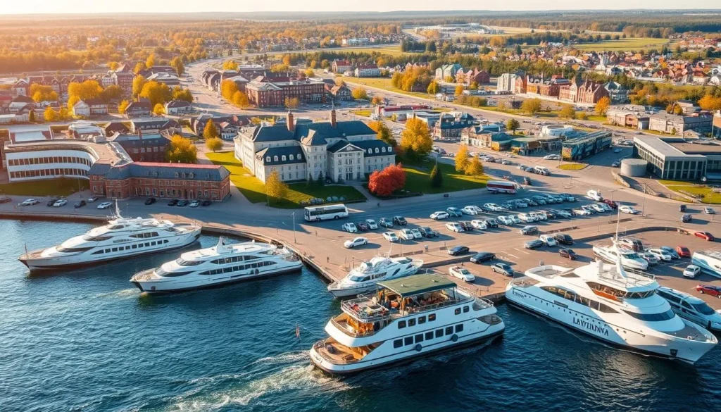 A bustling transportation hub in the heart of Savonlinna, Finland. In the foreground, a scenic waterfront with ferry boats and sightseeing cruises, their sleek hulls reflecting the clear waters of the surrounding lakes. In the middle ground, a mix of modern and historic architecture, including the iconic Olavinlinna Castle. In the background, a network of roads winding through the picturesque town, with buses, taxis, and private vehicles transporting visitors to nearby attractions. The scene is bathed in warm, golden sunlight, creating a welcoming and vibrant atmosphere, inviting exploration of this beautiful Finnish destination.