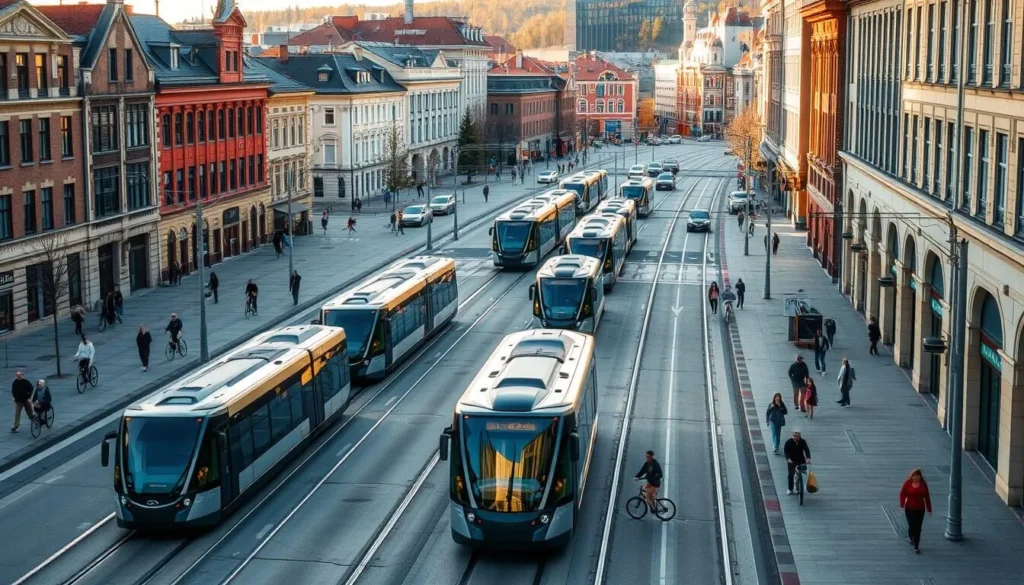 A bustling urban landscape in Borås, Sweden, showcasing the vibrant transportation options. A wide avenue cuts through the frame, lined with modern tram cars gliding effortlessly, their sleek designs reflecting the sunlight. In the background, a mix of historic and contemporary buildings frame the scene, their architectural styles creating a harmonious blend. Pedestrians stroll along the sidewalks, weaving between bicyclists and occasional cars. The atmosphere is lively yet organized, with a sense of efficient mobility and civic pride. The lighting is natural and warm, casting a golden glow over the entire setting, evoking a pleasant, welcoming mood.