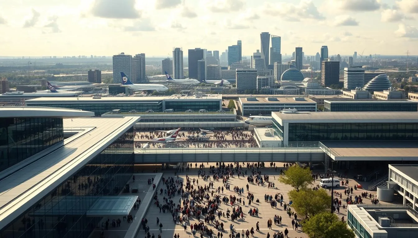 A bustling urban landscape surrounding Heathrow Airport, the UK's largest and busiest international air hub. In the foreground, a modern terminal building with glass facades and sleek architectural lines. In the middle ground, a bustling arrival and departure area with travelers navigating through the crowds. In the background, a skyline of high-rise office buildings and hotels, bathed in warm, natural sunlight filtering through scattered clouds. The atmosphere is one of efficiency, connectivity, and global commerce, reflecting the importance of Heathrow as a vital transportation hub for the London region.