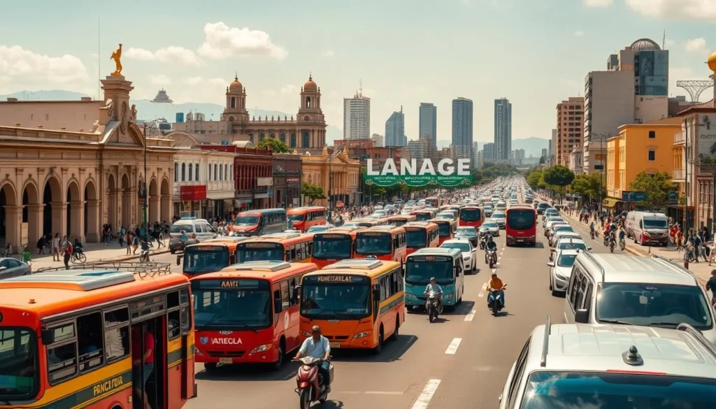 A bustling urban scene in Puerto Cabello, Venezuela, showcasing the city's vibrant transportation network. In the foreground, a fleet of colorful public buses and taxis navigates the sun-dappled streets, their passengers disembarking with a sense of purpose. The middle ground features a mix of pedestrians, bicyclists, and motorbikes weaving through the traffic, creating a lively, dynamic atmosphere. In the background, the city's architectural landmarks, such as colonial-era buildings and modern skyscrapers, provide a picturesque backdrop, bathed in warm, golden light. The overall mood is one of energy, efficiency, and a well-integrated multimodal transportation system that serves the needs of the local community.