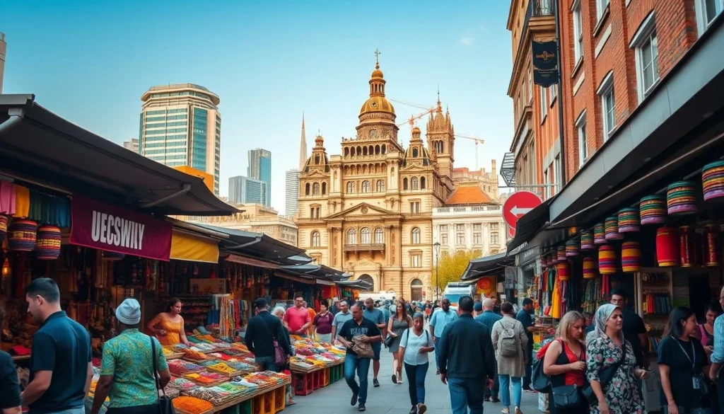 A bustling urban scene in the London Borough of Newham, showcasing the vibrant cultural diversity of the area. In the foreground, a lively street market with vendors selling colorful textiles, spices, and handcrafted goods from around the world. People of various ethnicities browse the stalls, immersed in the lively atmosphere. In the middle ground, a grand, historic building with ornate architecture, perhaps a cultural center or community hub, stands as a testament to the borough's rich heritage. The background features a modern skyline, with high-rise buildings and cranes, symbolizing the dynamic transformation and growth of the area. Warm, natural lighting casts a golden glow over the scene, creating a welcoming and inviting ambiance.