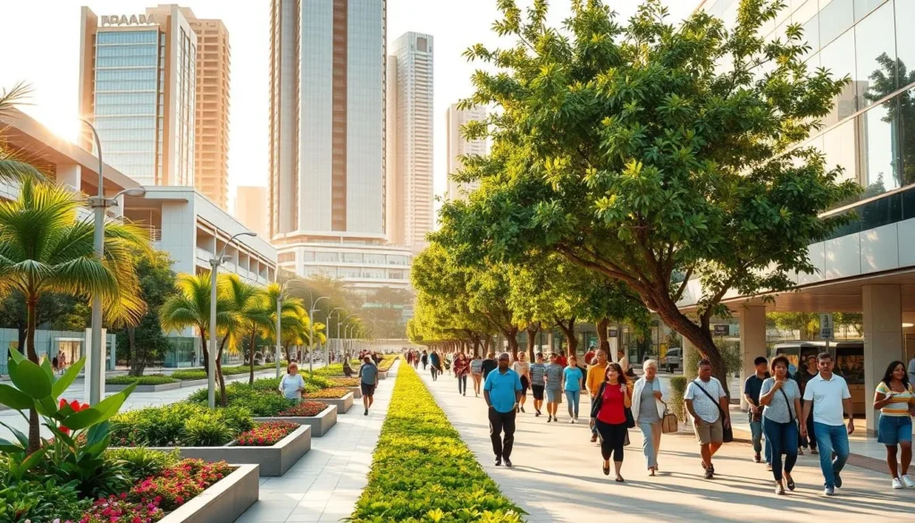 A bustling urban sidewalk in the heart of Brasilia, Brazil. Diverse pedestrians strolling along a wide, tree-lined promenade, bathed in warm, golden sunlight. Sleek, modern high-rises rise in the background, their glass facades reflecting the sky. Lush tropical foliage and vibrant flower beds line the walkway, creating a pleasant, natural ambiance. A mix of residential, commercial, and public spaces coexist harmoniously, inviting exploration. The scene conveys a sense of energy, connectivity, and livability within the city's carefully planned layout. The overall mood is one of an active, yet peaceful, urban walking experience.