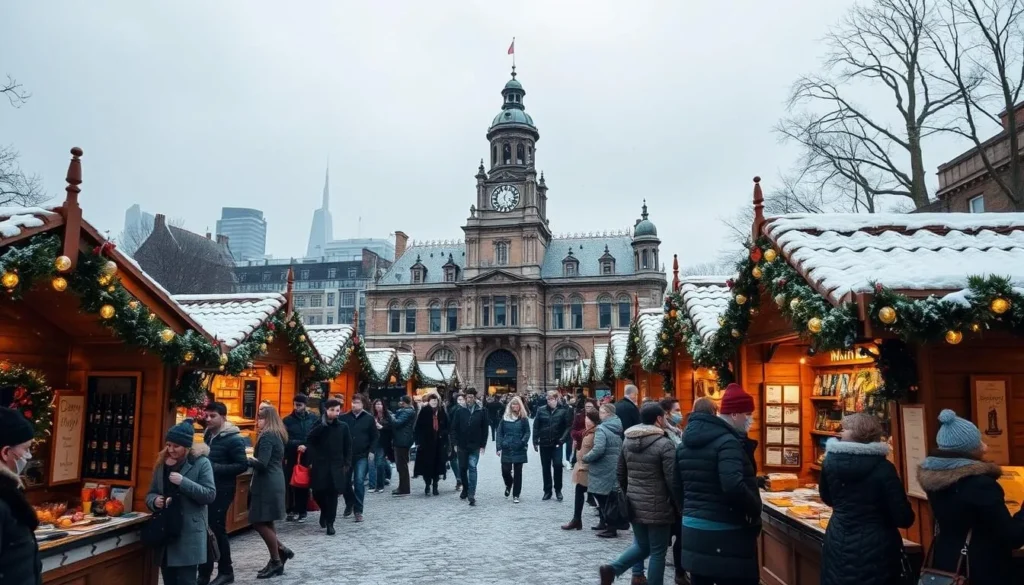 A bustling winter celebration in the heart of Croydon, England. In the foreground, a lively Christmas market with charming wooden stalls selling artisanal crafts, mulled wine, and roasted chestnuts. Festive lights twinkle overhead, casting a warm glow on the jovial crowd. In the middle ground, the iconic Croydon Town Hall stands proud, its Victorian architecture dusted with a light snowfall. In the background, a glimpse of Croydon's modern skyline, a blend of towering skyscrapers and historic landmarks. The atmosphere is cozy and inviting, with people bundled up in winter attire, enjoying the seasonal cheer. Soft, diffused lighting creates a magical, dreamlike quality to the scene.