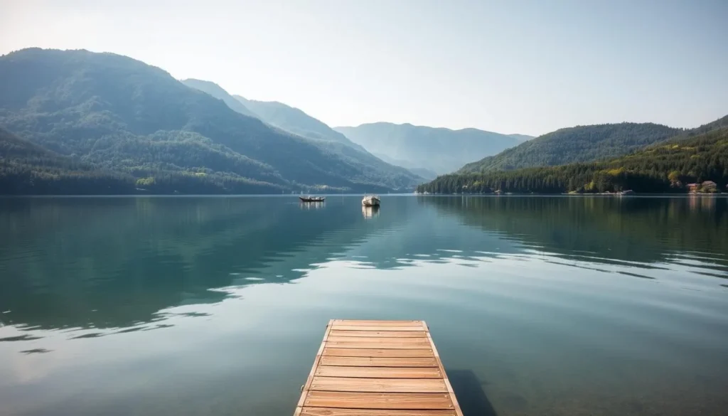 A calm, serene landscape of Lake Lipno in Czechia, with crystal-clear waters reflecting the surrounding lush, verdant hills and forests. In the foreground, a small dock or pier extends into the lake, inviting visitors to enjoy the tranquil atmosphere. The middle ground features a few recreational boats or kayaks gently drifting on the still surface, while the background showcases the picturesque mountainous terrain. The scene is bathed in warm, golden sunlight, creating a picturesque and inviting atmosphere for a practical, informative visit to this stunning natural wonder.