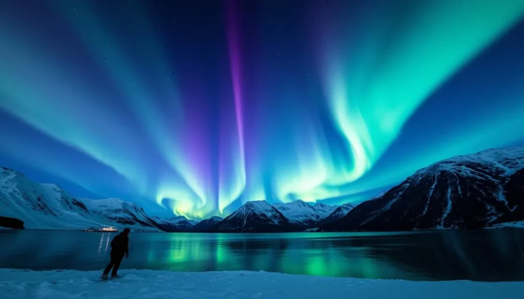 A captivating display of the northern lights dancing across the night sky over the snow-capped peaks of the Norwegian fjords. The aurora borealis illuminates the landscape with shimmering curtains of green, purple, and blue hues, reflecting off the calm waters below. In the foreground, a lone figure stands in awe, witnessing the natural wonder. The scene is captured with a wide-angle lens, highlighting the grandeur and vastness of the Arctic landscape. The image conveys a sense of serenity, wonder, and the beauty of nature in its purest form, perfectly suited to illustrate the best time to visit Alta, Norway.