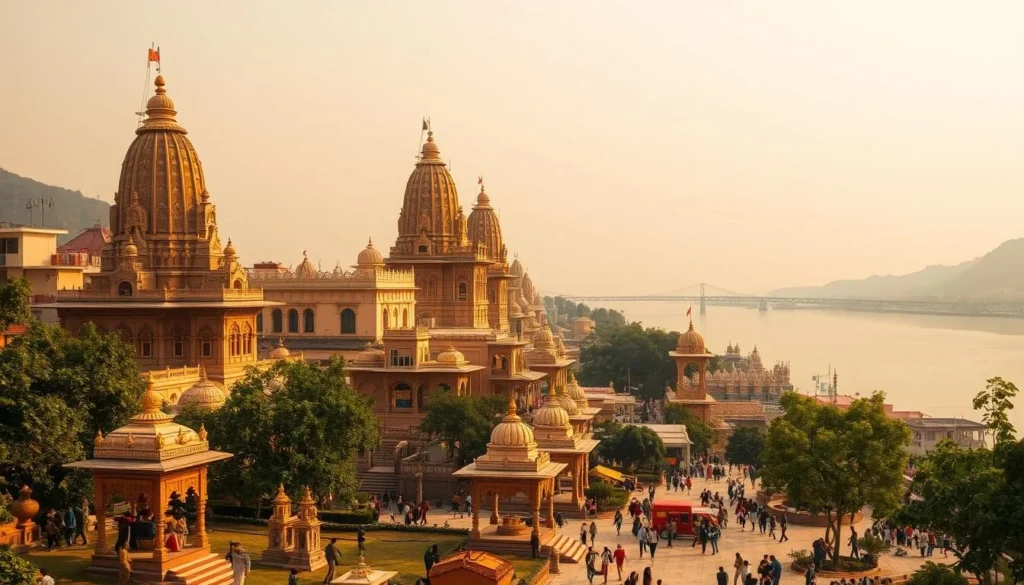 A captivating scene of grand Rajput-style temples nestled along the banks of the Ganges River in Prayagraj, Uttar Pradesh. The ornate, towering structures feature intricate carvings and domes, bathed in warm, golden sunlight. In the foreground, lush greenery and shrines create a serene, sacred atmosphere. Visitors wander the picturesque grounds, immersed in the spiritual and historical significance of this revered pilgrimage site. Captured with a wide-angle lens to showcase the impressive scale and grandeur of the temples against the backdrop of the mighty river.