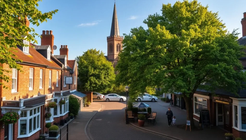 A charming English town nestled along the River Darent, Bexley showcases its architectural gems under a soft, golden light. Quaint Georgian houses line the streets, their brick facades reflecting the sun's warm embrace. In the center, the historic St. Mary the Virgin Church stands tall, its steeple piercing the cloudless sky. Lush green trees dot the landscape, casting dappled shadows across the cobblestone paths winding through the town. Residents and visitors alike stroll leisurely, pausing to admire the antique shops and local cafes that add to Bexley's timeless allure. This charming London borough, a hidden gem, exudes a tranquil, picturesque ambiance that invites exploration and discovery.