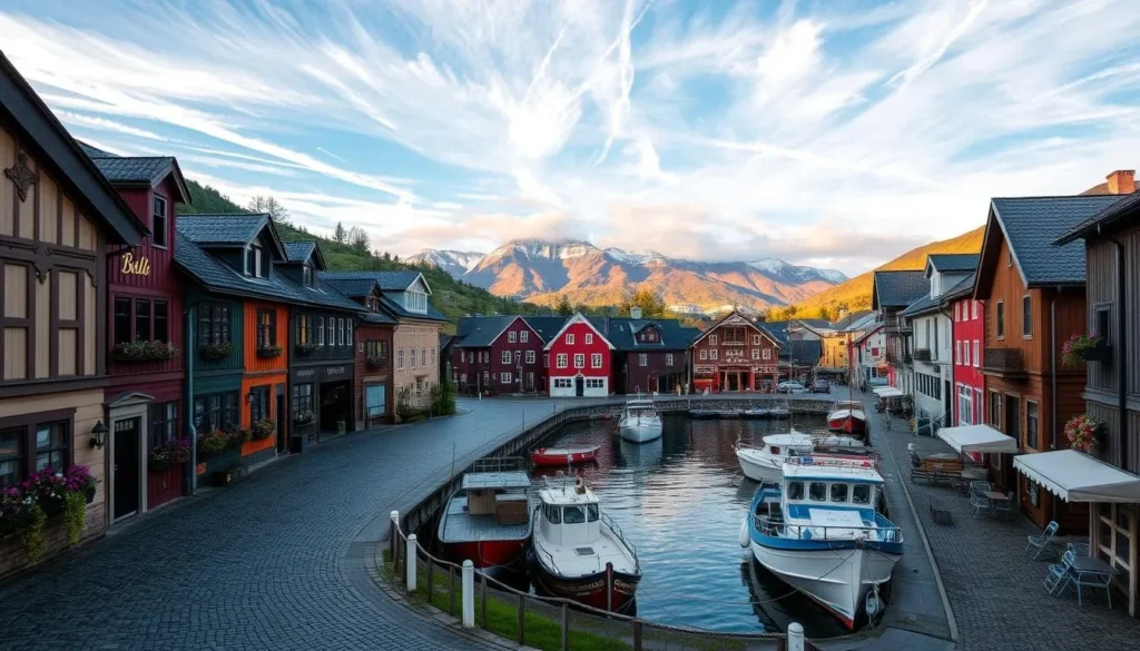 A charming Norwegian town nestled in a lush, rolling landscape. A central square lined with colorful, timber-framed buildings, their facades adorned with intricate carvings and flower boxes overflowing with blooms. Cobblestone streets wind between the structures, leading to a picturesque harbor where traditional fishing boats bob gently on the calm, fjord-fed waters. Soft, warm light filters through wispy clouds, casting a golden glow over the scene. In the distance, snow-capped mountains rise majestically, their peaks touching the azure sky. An inviting, peaceful atmosphere pervades the town, beckoning visitors to explore its charming nooks and crannies.