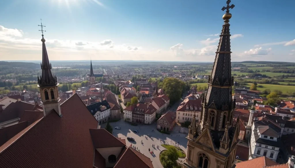 A charming cityscape overlooking the picturesque town of Teplice, Czechia, as seen from the steeple of the Church of St. Bartholomew. Sunlight filters through the clouds, casting a warm glow over the tiled roofs, stately buildings, and winding streets below. In the foreground, the ornate baroque architecture of the church stands proudly, its intricate details and towering spire commanding attention. The middle ground reveals the bustling activity of the town, with people strolling along the streets and cars dotting the landscape. In the distance, the rolling hills and lush greenery of the surrounding countryside provide a serene backdrop, creating a harmonious blend of urban and natural elements. The overall scene exudes a sense of tranquility and historic charm, inviting the viewer to explore the rich religious heritage of Teplice.