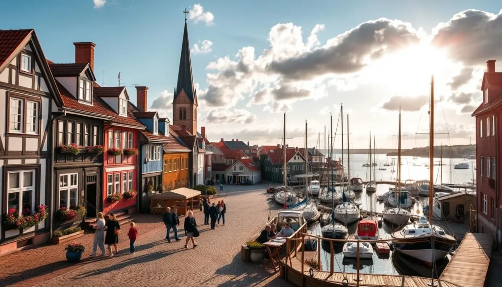 A charming coastal town, Ystad, southern Sweden, nestled along the Skåne region's picturesque shoreline. Cobblestone streets wind past colorful half-timbered houses, their facades adorned with flower-filled window boxes. In the quaint town square, locals and visitors mingle, sipping coffee and admiring the 12th-century church's steeple reaching skyward. Yachts and fishing boats bob gently in the harbor, their reflections dancing on the calm, azure waters. Crisp, salty sea breezes caress the scene, complemented by the warm, golden glow of an afternoon sun filtering through fluffy white clouds. This charming coastal gem invites exploration, its timeless charm and natural beauty a true delight to discover.