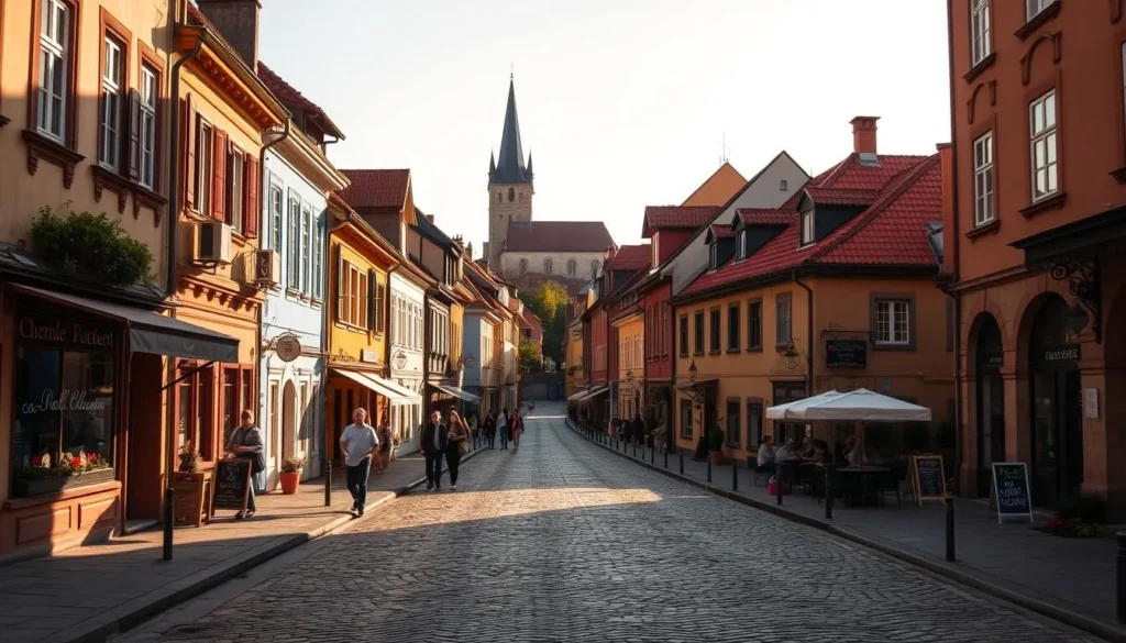 A charming cobblestone street in the historic town of Tabor, Czechia, bathed in warm, golden afternoon sunlight. Picturesque buildings with colorful facades and terracotta roofs line the road, their ornate architectural details casting soft shadows. Quaint cafes and boutique shops spill out onto the sidewalks, offering a glimpse of local life. Pedestrians stroll leisurely, taking in the sights and sounds of this idyllic European setting. In the distance, the silhouette of a medieval church tower rises against a cloudless sky. An inviting, tranquil atmosphere pervades the scene, capturing the charm and character of Tabor's enchanting streets.