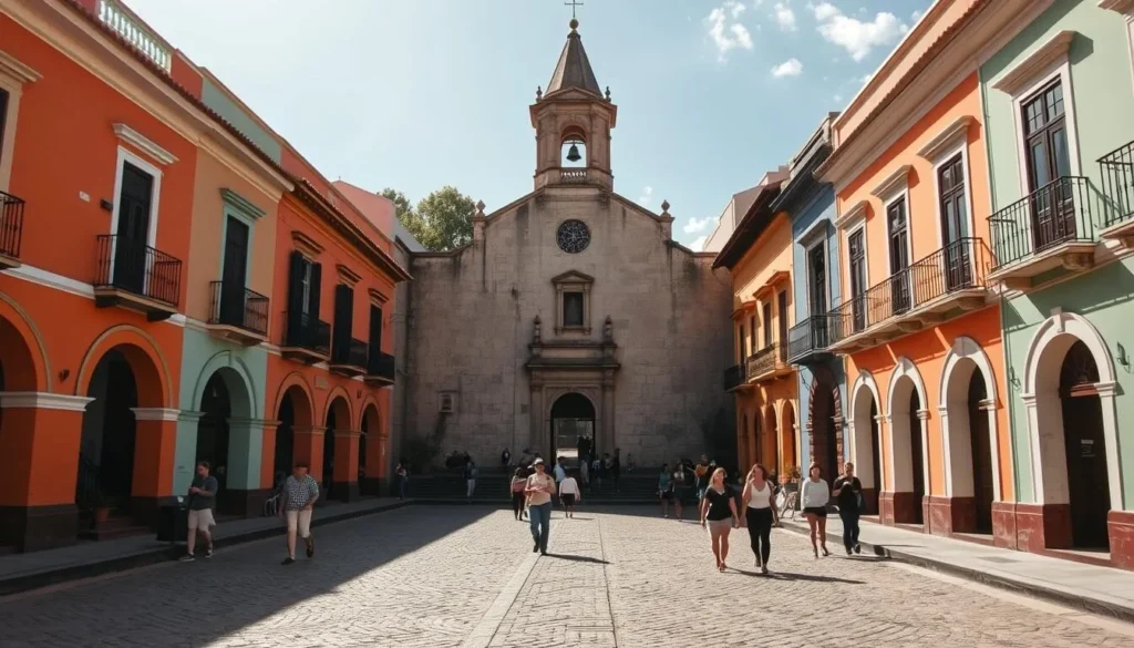 A charming colonial square in Choroni, Venezuela, bathed in warm afternoon sunlight. Vibrant facades of ochre, terracotta, and mint-green line the cobblestone plaza, their intricate arches and balconies casting soft shadows. In the center, a grand colonial-style church with a steeple bell tower stands as the focal point, its ornate details and weathered stone walls reflecting the town's rich heritage. People stroll leisurely, admiring the well-preserved architecture and lively atmosphere. A sense of timeless tranquility permeates the scene, inviting the viewer to step back in time and discover the captivating charm of Choroni.