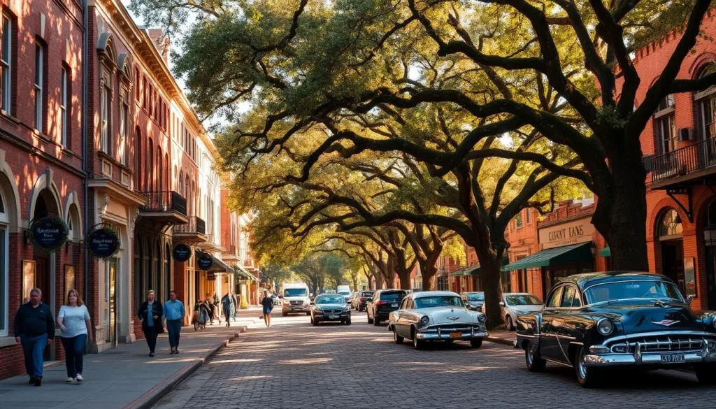 A charming historic district with well-preserved 19th-century architecture, quaint storefronts, and cobblestone streets bathed in warm, golden sunlight. In the foreground, pedestrians stroll along the sidewalks, admiring the intricate facades and ornate details of the brick and stone buildings. In the middle ground, classic American cars are parked along the street, complementing the vintage ambiance. The background features a lush canopy of mature oak trees, casting gentle shadows and creating a serene, picturesque atmosphere. The overall scene exudes a sense of timeless elegance and small-town Southern charm.