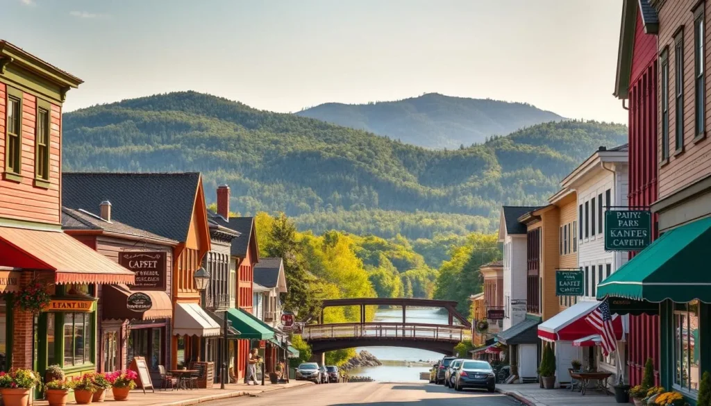 A charming mountain town nestled in the Adirondacks, Saranac Lake Village comes alive with quaint architecture, bustling streets, and a serene lakefront. In the foreground, vibrant shops and cafes line the main street, their facades adorned with colorful awnings and flower boxes. In the middle ground, a picturesque wooden bridge spans a tranquil river, while in the background, the majestic Adirondack peaks rise up, their slopes covered in a lush green canopy. The scene is bathed in warm, golden sunlight, casting a cozy and inviting atmosphere. A serene landscape captured through a wide-angle lens, showcasing the idyllic charm and natural beauty of this upstate New York gem.