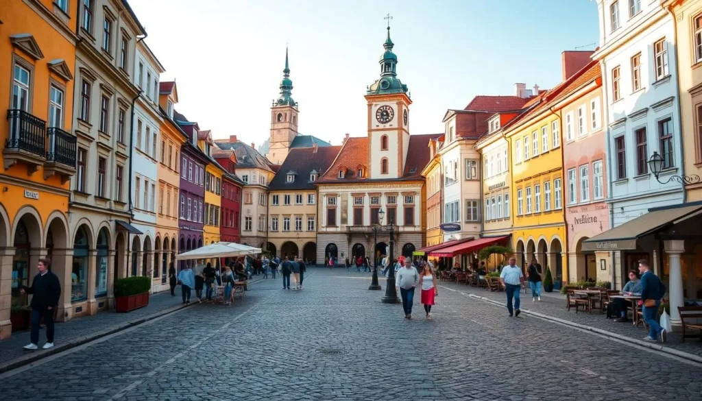 A charming old town square in Svitavy, Czechia, bathed in warm afternoon sunlight. Cobblestone streets lined with colorful historic buildings, their facades adorned with ornate details. In the center, a picturesque town hall with a clock tower stands tall, surrounded by quaint cafes and shops. Locals and visitors alike stroll leisurely, taking in the laid-back atmosphere. In the distance, the spire of a church peeks out above the rooftops, hinting at the town's rich cultural heritage. The scene exudes a sense of timeless beauty and tranquility, inviting the viewer to discover the charm of this delightful Czech town.