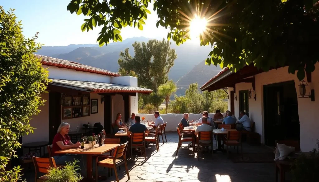 A charming open-air restaurant nestled in the verdant Elqui Valley, Chile. Warm sunlight filters through lush foliage, casting a gentle glow over the whitewashed adobe walls and terracotta roof tiles. Wooden tables and chairs are arranged around a central courtyard, where locals and travelers alike savor local delicacies and sip crisp Chilean wines. In the background, the majestic Andes mountains rise up, creating a breathtaking backdrop. The overall atmosphere is one of relaxation, cultural immersion, and appreciation for the region's vibrant cuisine and stunning natural beauty.