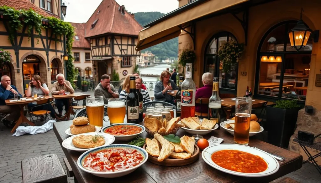 A charming outdoor cafe nestled in the historic streets of Cesky Krumlov, showcasing a vibrant display of local Czech cuisine and beverages. In the foreground, a rustic wooden table laden with traditional dishes - hearty goulash, freshly baked bread, and a selection of regional beers and wines. Patrons enjoy the lively atmosphere, surrounded by the town's iconic Baroque architecture and a picturesque view of the Vltava River in the background. Warm, natural lighting casts a cozy glow, creating an inviting and authentic ambiance for this quintessential Cesky Krumlov food and drink experience.