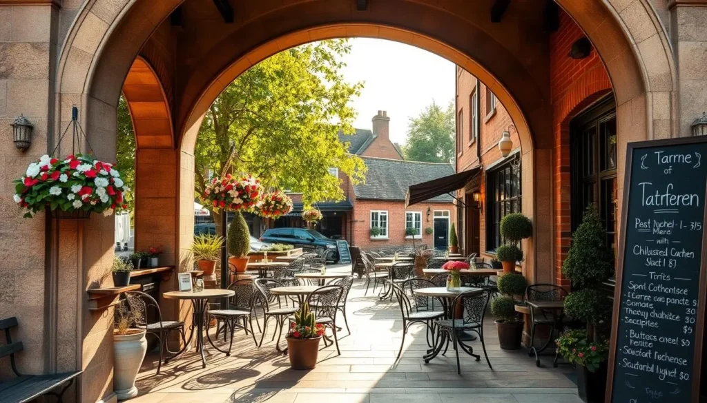 A charming outdoor terrace of a Hillingdon restaurant, bathed in warm afternoon sunlight. The entrance is framed by ornate stone archways, leading to a cozy dining area with wrought-iron tables and chairs. Potted plants and hanging flower baskets add a touch of nature, while a chalkboard menu board displays the daily specials. The atmosphere is relaxed and inviting, perfect for an alfresco meal on a pleasant day. In the background, a row of quaint brick buildings and leafy trees complete the quintessentially British setting.