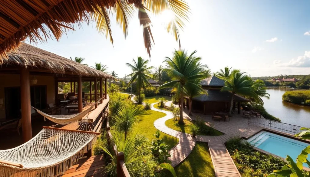 A charming riverside resort nestled along the banks of the Tapajós River in Alter do Chão, Brazil. Rustic yet elegant accommodations with thatched roofs and verandas offering panoramic views of the lush, verdant landscape. Hammocks sway gently in the breeze as guests lounge, taking in the tranquil scene. Sunlight filters through swaying palm fronds, casting a warm, golden glow over the serene setting. Wooden pathways wind through tropical gardens, leading to an inviting swimming pool and outdoor dining area. This idyllic retreat provides a peaceful escape, immersing visitors in the natural beauty of the Amazon region.