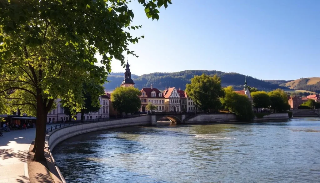 A charming riverside scene in Melnik, Czechia. The Vltava River flows gently, its tranquil waters reflecting the lush green trees and historic buildings lining the banks. In the foreground, a quaint promenade invites visitors to stroll and take in the serene atmosphere. Warm sunlight filters through the leaves, casting a golden glow over the scene. In the middle ground, traditional Czech architecture, with its distinctive red roofs and ornate facades, stands as a testament to the town's rich heritage. The background is dominated by rolling hills, their slopes dotted with vineyards, hinting at Melnik's reputation as a premier winemaking region. An idyllic outdoor setting, perfect for exploring the best of Melnik's natural beauty.