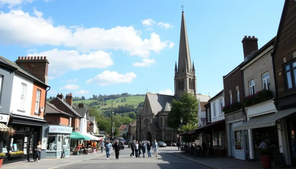 A charming scene in the historic town of Harrow, London, on a pleasant sunny day. In the foreground, the iconic St. Mary's Church stands tall, its spire reaching toward the sky. Surrounding the church, quaint shops and cafes line the cobblestone streets, inviting visitors to explore. In the middle ground, people stroll leisurely, taking in the sights and sounds of this vibrant community. In the background, the rolling hills of Harrow Weald provide a picturesque backdrop, adding to the tranquil atmosphere. The scene is captured through a wide-angle lens, allowing the viewer to take in the full scope of this hidden gem within the bustling metropolis of London.