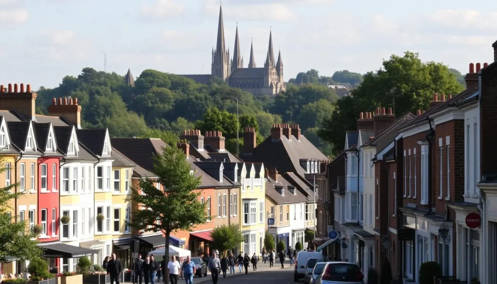 A charming scene of the London Borough of Hounslow on a pleasant day. In the foreground, quaint Georgian-style townhouses line the streets, their colorful facades bathed in warm sunlight. In the middle ground, people stroll along the bustling High Street, popping in and out of local shops and cafes. In the background, the spires of historic churches and the green canopy of trees create a picturesque skyline. The overall atmosphere is one of tranquil urban elegance, reflecting the borough's blend of historic character and modern vibrancy.
