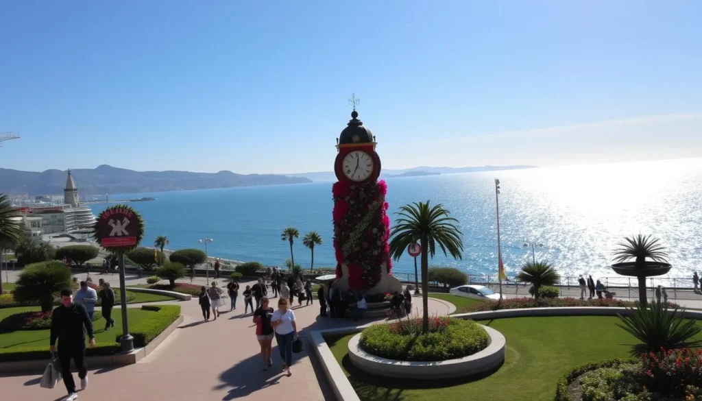 A charming seaside itinerary for Viña del Mar unfolds under a bright, sun-dappled sky. In the foreground, people stroll along the promenade, admiring the oceanfront parks and gardens. Midground, the iconic Reloj de Flores clock tower stands tall, its vibrant floral display a captivating focal point. In the distance, the shimmering Pacific Ocean meets the horizon, with the rolling hills of the Chilean coastline providing a picturesque backdrop. The scene evokes a sense of leisure and relaxation, inviting the viewer to imagine a delightful day exploring this picturesque seaside city.