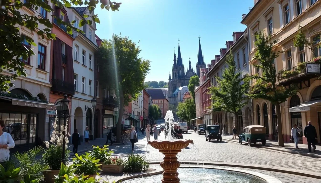 A charming street in Karlovy Vary, Czechia, with a mix of traditional and modern architecture lining both sides. Sunlight filters through the trees, casting a warm glow on the cobblestones and the facades of the buildings. People stroll leisurely, admiring the ornate facades, window displays, and quaint cafes. In the foreground, a water fountain bubbles, surrounded by lush greenery. The middle ground features a mix of pedestrians, horse-drawn carriages, and vintage automobiles, creating a timeless atmosphere. In the background, the iconic Slavic-style spires of historic buildings rise majestically, framed by a clear blue sky.