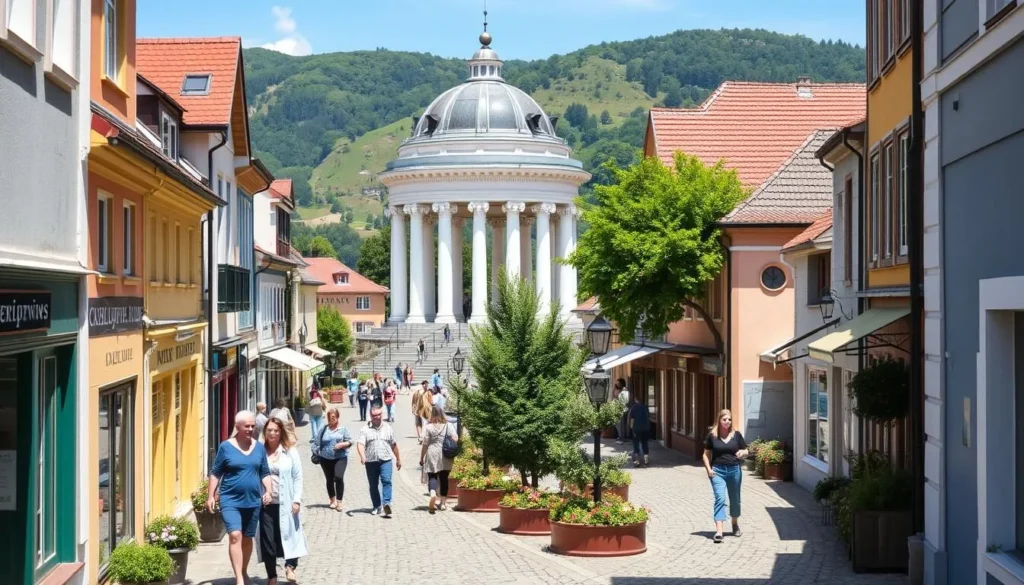 A charming street scene in Karlovy Vary, Czechia, on a bright, sunny day. In the foreground, cobblestone paths wind through the historic town center, lined with colorful buildings and quaint shops. Tourists stroll leisurely, taking in the picturesque architecture and sipping from the town's famous mineral springs. In the middle ground, the famous Colonnade rises gracefully, its elegant white columns and domed roof reflecting the warm daylight. The background features the lush, rolling hills that surround the town, adding to the serene, pastoral atmosphere. Capture the essence of Karlovy Vary's timeless charm and the practical tips visitors need to make the most of their stay.