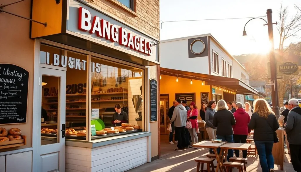 A charming, sun-drenched bakery storefront, "Big Bang Bagels", nestled in the quaint mountain town of Fernie. Warm, golden light spills onto the sidewalk, highlighting the inviting display of freshly baked bagels in the window. A lineup of locals and tourists alike patiently wait to sample the tantalizing flavors. The interior is cozy and bustling, with rustic wooden tables and the aroma of freshly brewed coffee wafting through the air. Crisp white tiles, shiny brass fixtures, and a chalkboard menu create a modern yet homey ambiance. This is the heart of Fernie's culinary scene, where locals and visitors come to savor the best of the region's artisanal fare.