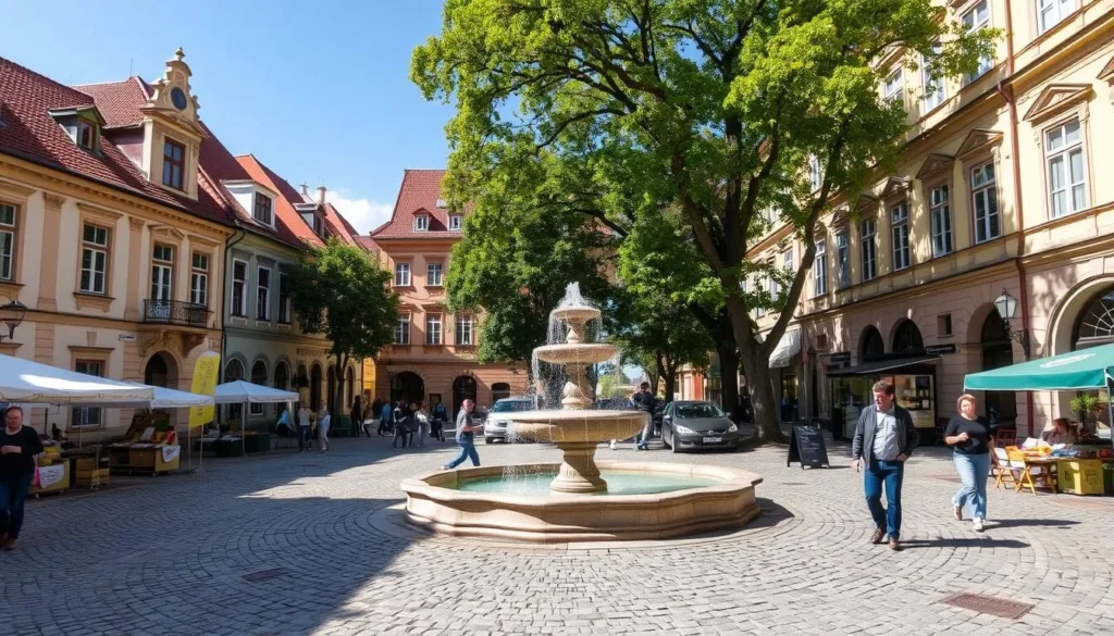A charming town square in Vyskov, Czechia, on a pleasant spring day. The cobblestone plaza is framed by picturesque historic buildings with ornate facades, their pastel hues glowing in the warm sunlight. In the center, an elegant fountain burbles, its water sparkling. Locals and visitors alike stroll along the paths, pausing to admire the architecture or browse the vendor stalls offering local crafts and produce. Lush trees provide dappled shade, lending a serene, unhurried atmosphere to the scene. Capture the inviting ambiance of this quintessential European town center.