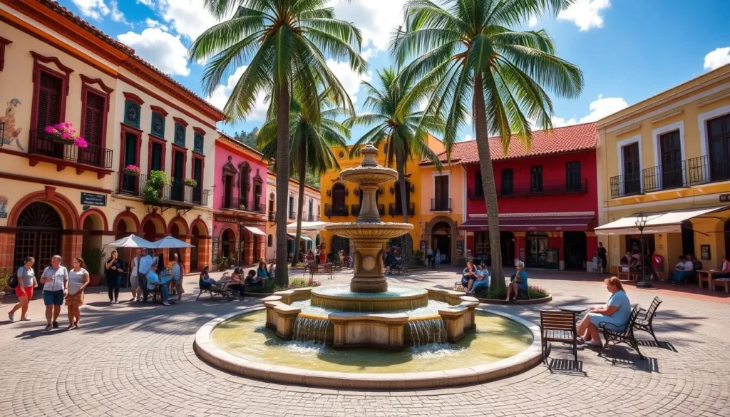 A charming town square nestled in the heart of Jardin, Colombia. Cobblestone streets wind past vibrant colonial-style buildings, their facades adorned with colorful murals and flower-filled balconies. In the center, a grand stone fountain stands as the focal point, its cascading waters glistening in the warm afternoon sunlight. Locals and visitors alike gather on the shaded benches, enjoying the lively atmosphere and the mild mountain air. Towering palm trees sway gently, casting dappled shadows across the bustling plaza. The scene exudes a timeless, quaint ambiance, inviting exploration of this picturesque town center.