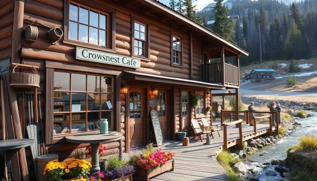 A charming two-story wooden building with a quaint café and fly fishing shop nestled in the heart of the scenic Crowsnest Pass. Warm sunlight filters through large windows, illuminating the rustic interior adorned with antique fishing gear and cozy seating. Outside, a wooden deck overlooks a peaceful creek where fly fishermen cast their lines. Vibrant flowerbeds and a well-tended garden surround the establishment, creating a picturesque and inviting atmosphere. The Crowsnest Café and Fly Shop is a quintessential mountain town destination, offering both delicious local cuisine and the perfect spot to plan your next outdoor adventure.